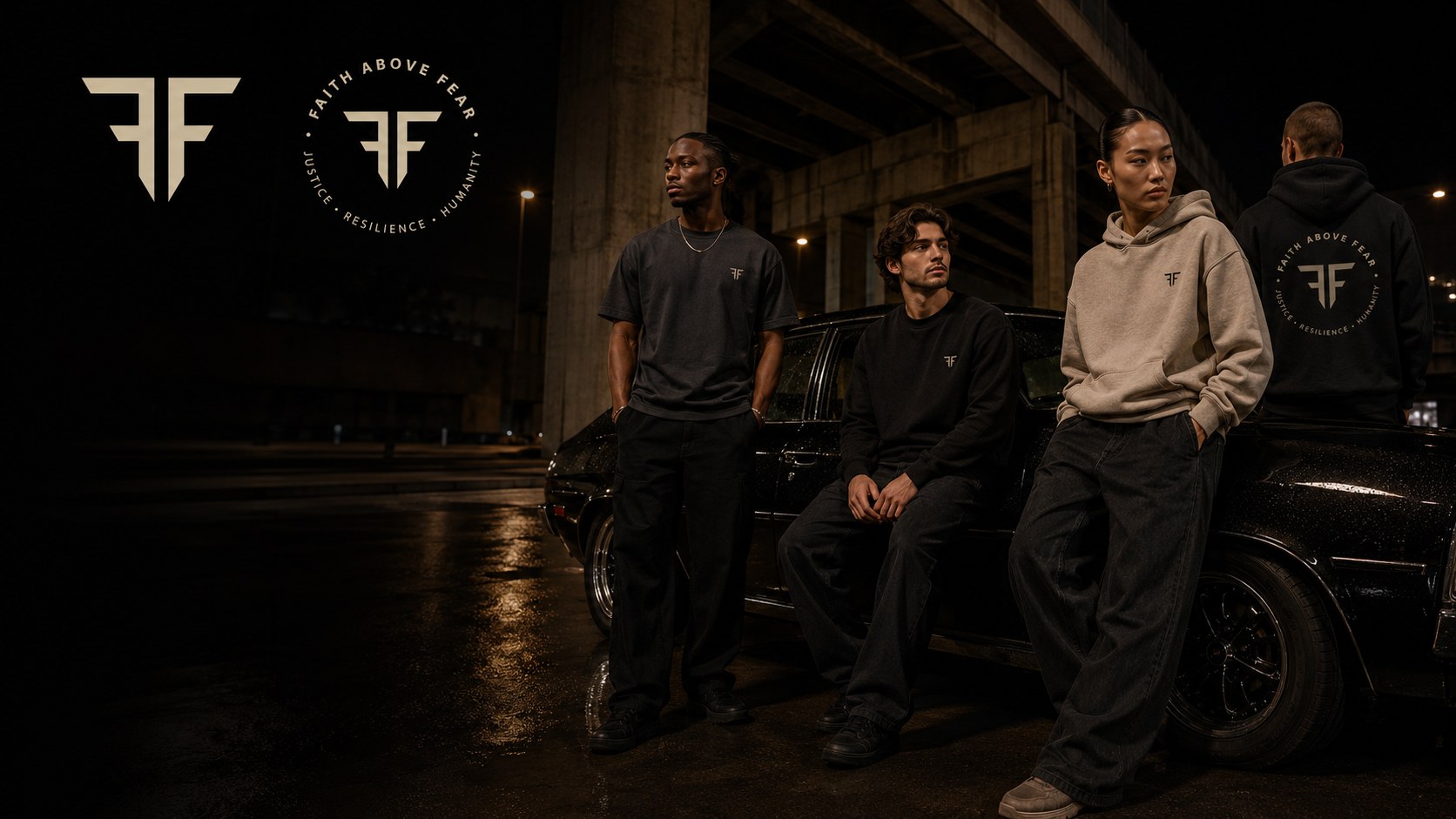 Faith Above Fear night campaign — four models around a black car beneath a flyover