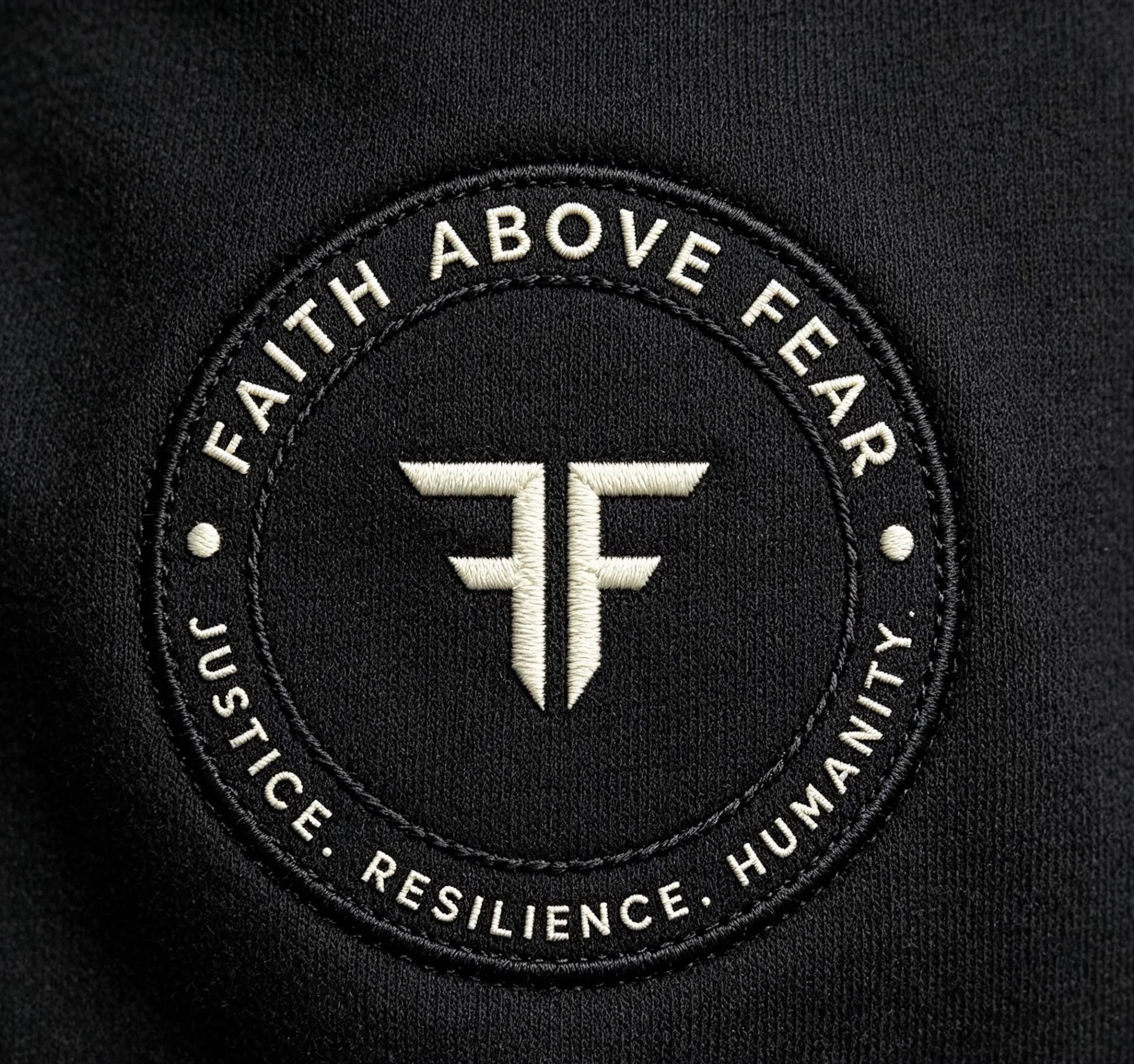 Faith Above Fear — embroidered seal stitched into black fleece