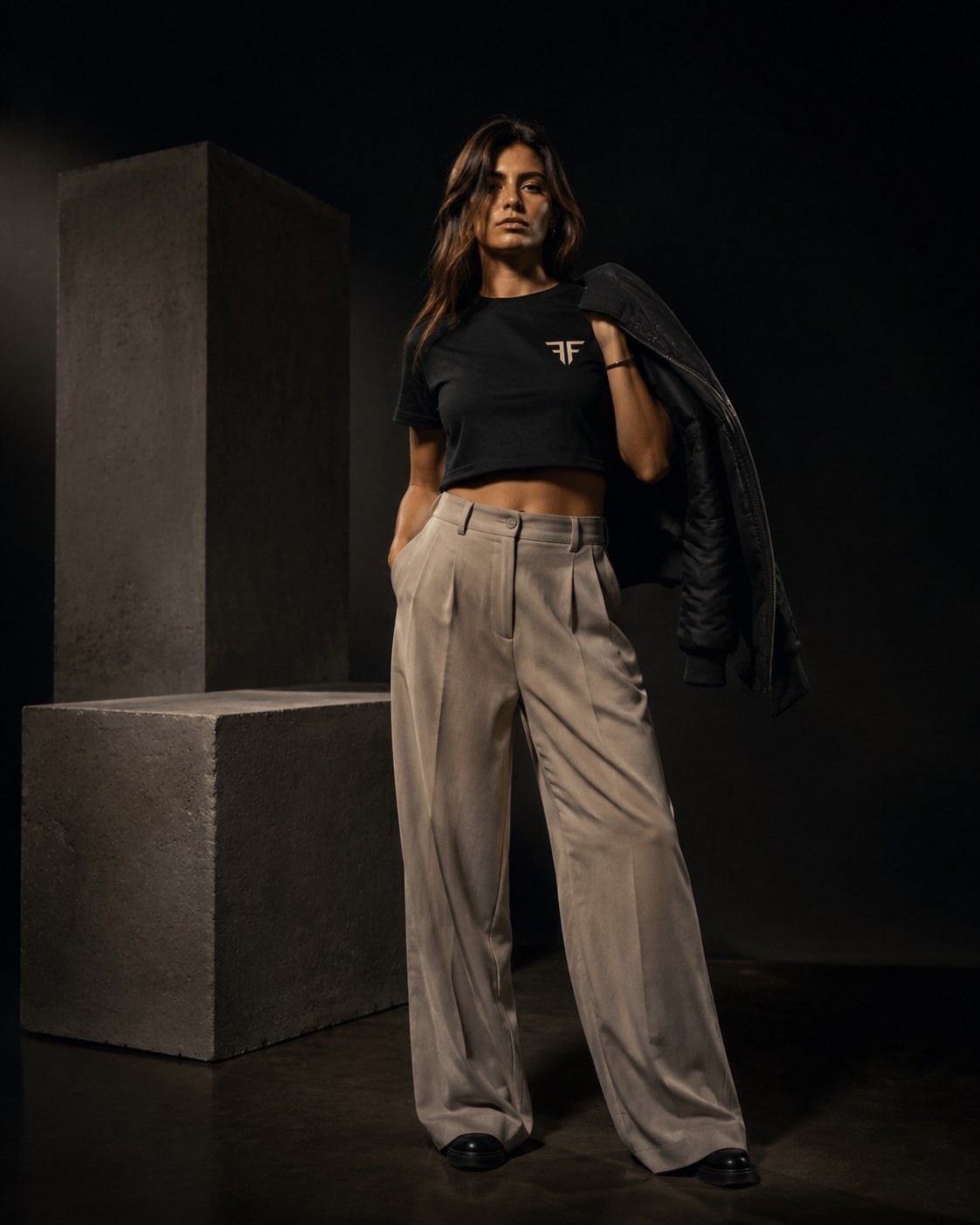 Essentials — black seal crop tee with stone wide-leg trousers