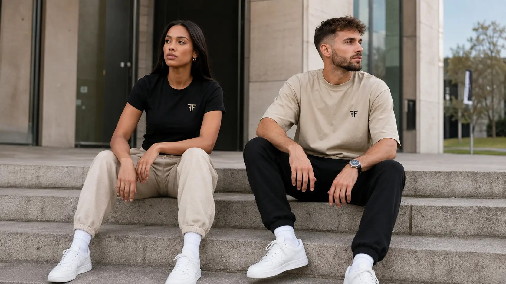 Two models on granite steps in black and sand tees