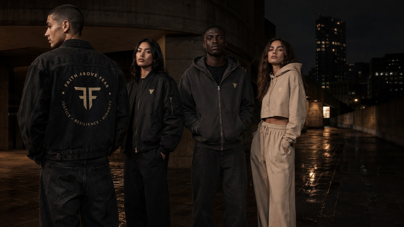 Faith Above Fear new arrivals — four models at night in the seal denim jacket, bomber, zip hoodie and cropped tracksuit