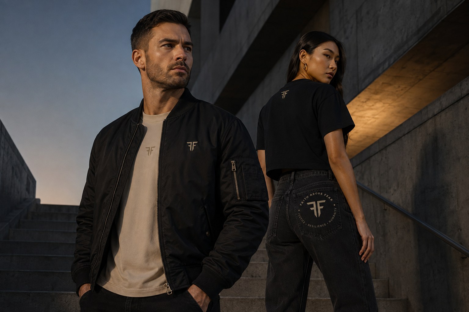 Faith Above Fear campaign — bomber jacket with sand tee, and black cropped tee with black jeans on concrete steps